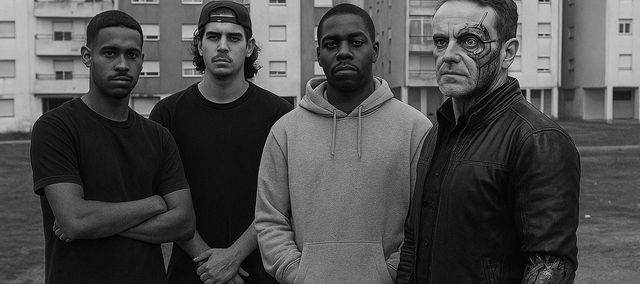 Black and white photo of four men standing in front of apartment buildings, one with a cybernetic arm and facial implants, all looking serious