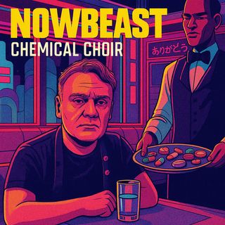 Illustrated cover titled “NOWBEAST – Chemical Choir.” A middle-aged man with a serious expression sits at a bar counter, one hand resting near a glass of water. A waiter in a vest and bow tie stands beside him holding a tray filled with colorful pills instead of food. The scene is lit with bold neon colors in dark pink, blue, and purple tones. Behind them, a window reflects stylized city lights and a sign in Japanese that reads “ありがとう” (“thank you”).