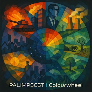 Abstract stained-glass style artwork showing a color wheel surrounded by scenes of war, industry, nature, and cityscapes, with the text PALIMPSEST | Colourwheel at the bottom