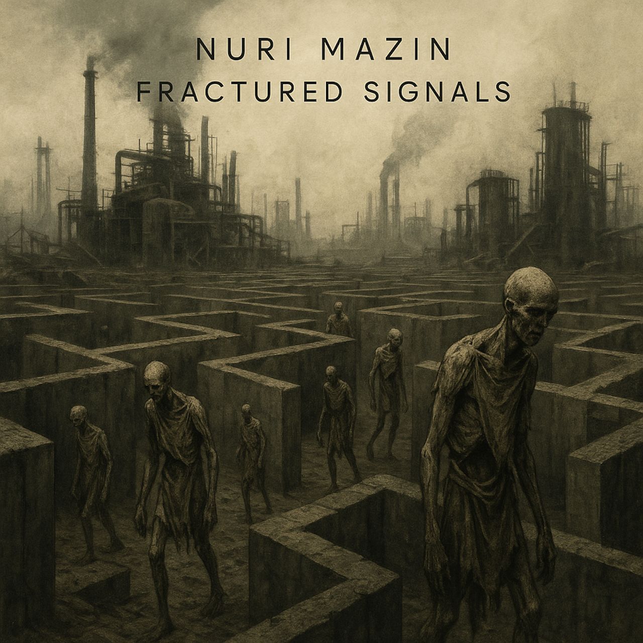 Bleak artwork of emaciated figures wandering through a concrete maze beneath looming industrial structures, with the text Nuri Mazin Fractured Signals at the top.