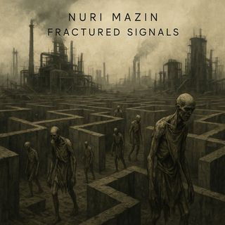 Bleak artwork of emaciated figures wandering through a concrete maze beneath looming industrial structures, with the text Nuri Mazin Fractured Signals at the top.
