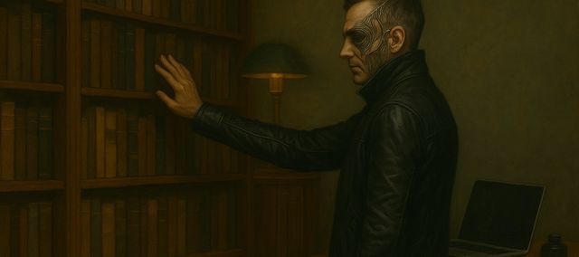 Moody painting of a man in a black leather jacket with facial tattoos touching a bookshelf in a dimly lit room, with a laptop and lamp on a wooden desk nearby