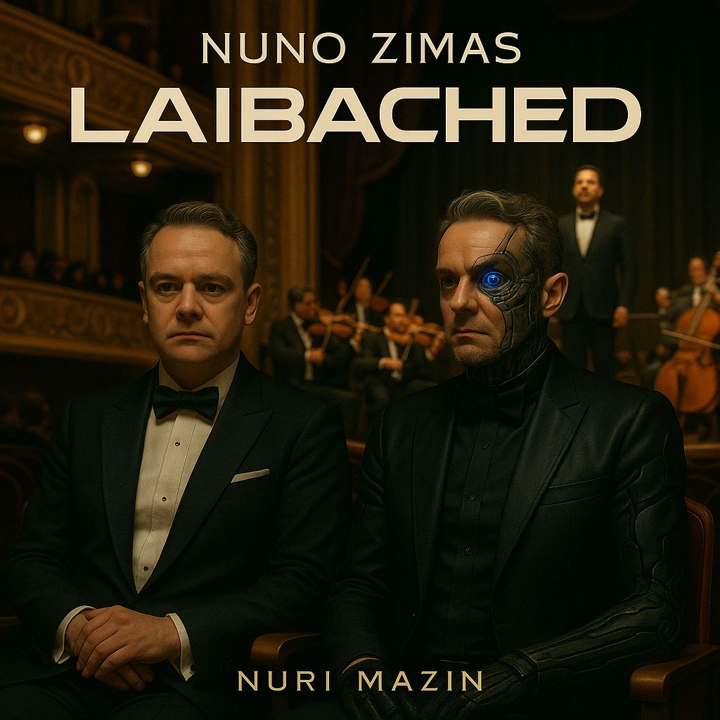 Album cover showing two men in tuxedos seated in a theater, one with a cybernetic face and glowing eye, with an orchestra performing in the background and the text Nuno Zimas Laibached Nuri Mazin at the top and bottom.