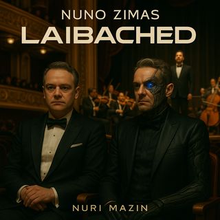Album cover showing two men in tuxedos seated in a theater, one with a cybernetic face and glowing eye, with an orchestra performing in the background and the text Nuno Zimas Laibached Nuri Mazin at the top and bottom.
