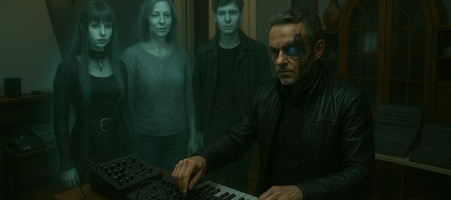 roup photo of four people sitting in a room, one with a cybernetic eye, surrounded by modular synthesizers and audio equipment.