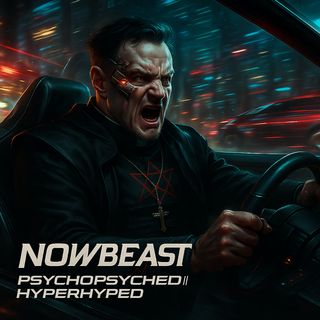 Futuristic cyberpunk artwork of an enraged man with facial implants driving a speeding car, with neon city lights streaking in the background, and the text NOWBEAST Psychopsycled II Hyperhyped at the bottom.