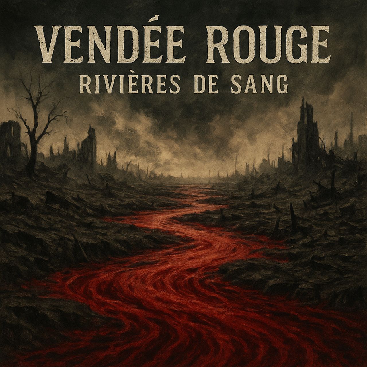 Dark apocalyptic artwork of a desolate landscape with ruins and dead trees, a river of blood flowing through the scene, and the text Vendée Rouge Rivières de Sang at the top.