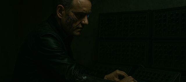 Moody image of a man with cybernetic implants and a mechanical arm operating a large modular synthesizer in a dark room.