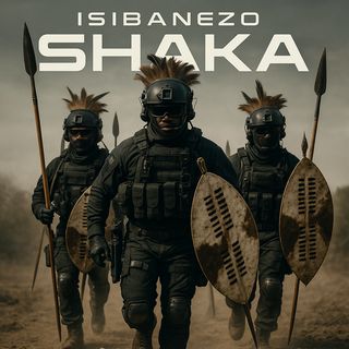 Album cover featuring three armored warriors in tactical gear, blending modern combat equipment with traditional Zulu shields and spears. They wear helmets with feathered crests and march forward through dust. The bold text above reads ‘ISIBANEZO SHAKA’