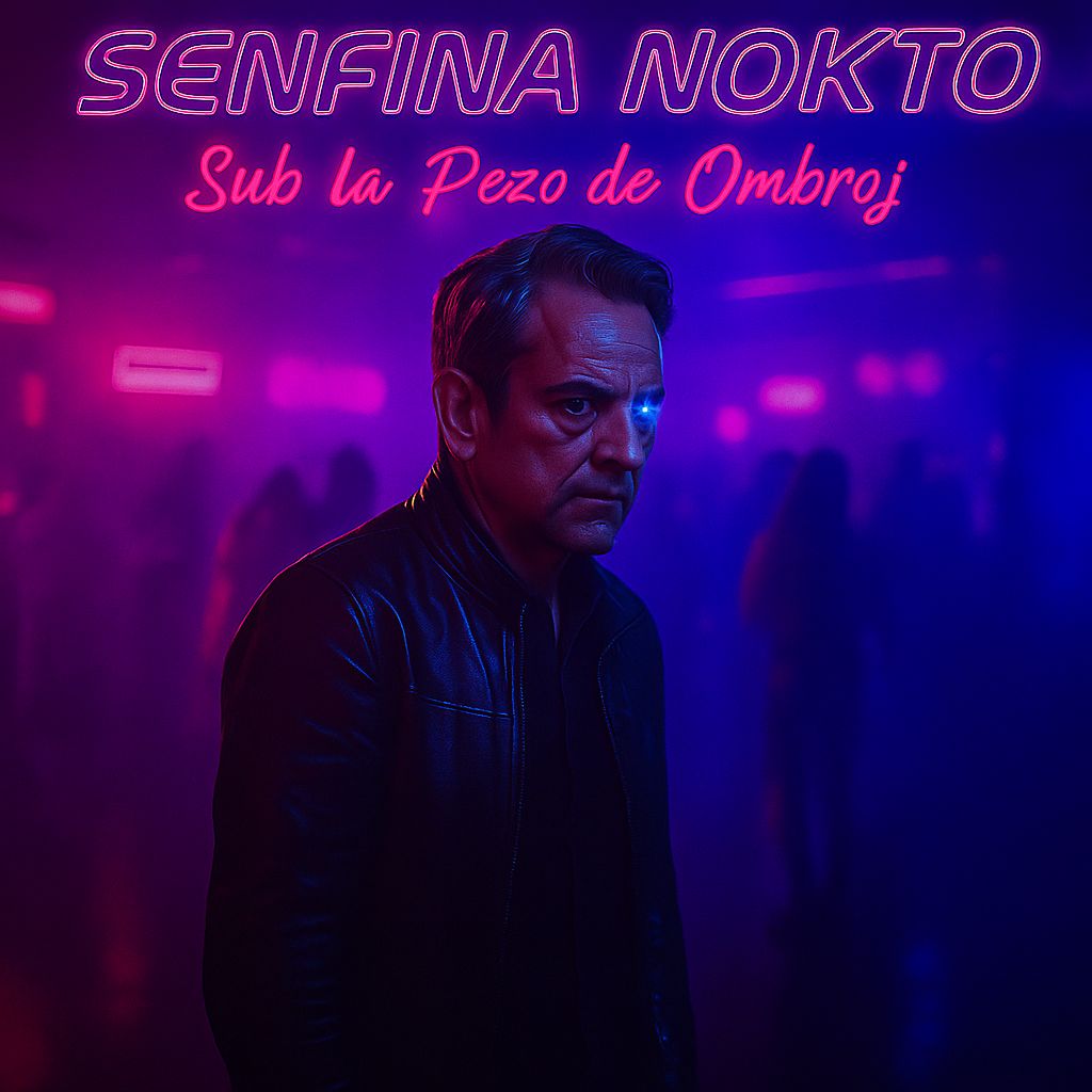 Neon-lit artwork of couples with punk and goth style embracing on a dark nightclub dance floor, with the text Senfina Nokto Sub la Pezo de Ombroj at the top.