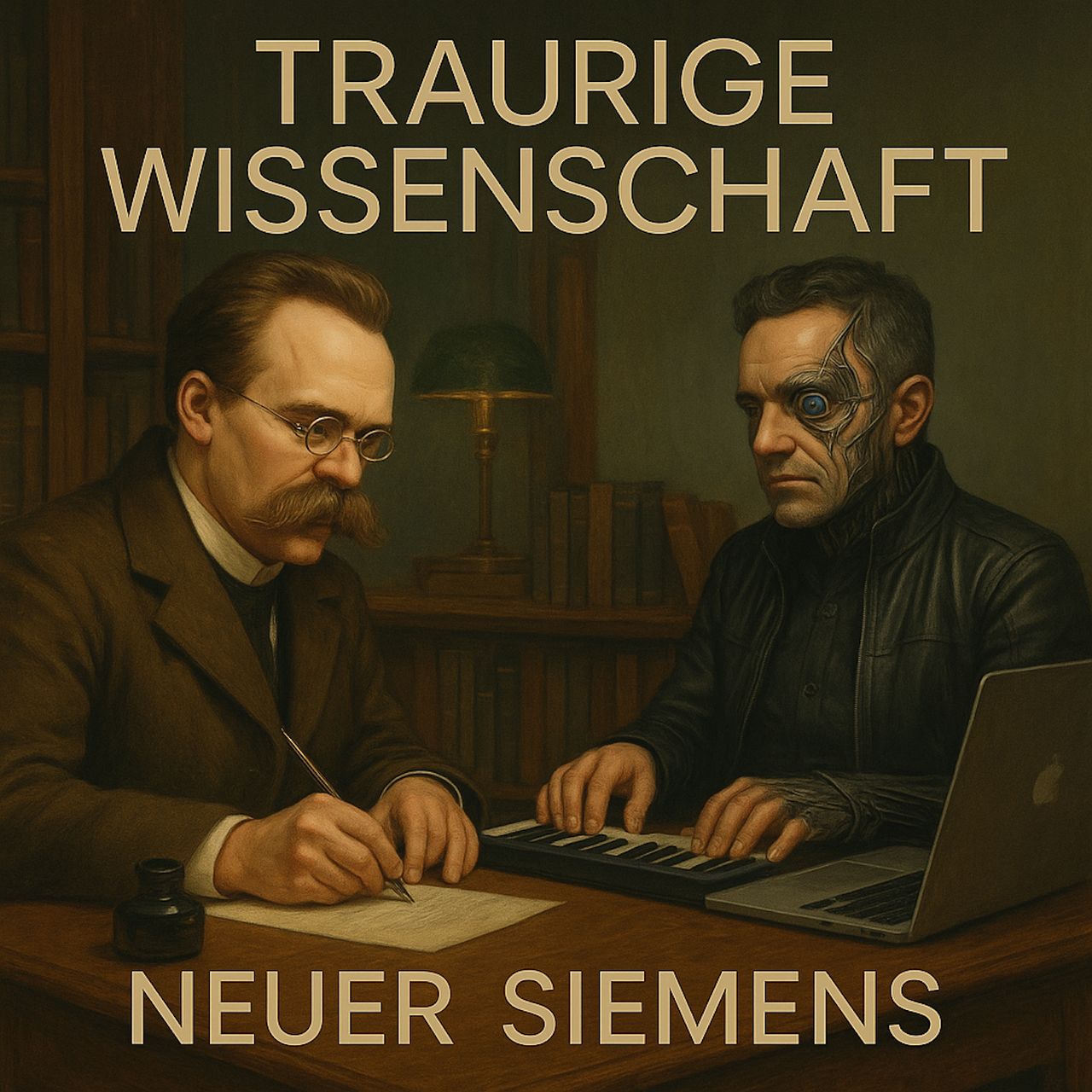 Moody painting of a man in a black leather jacket with facial tattoos touching a bookshelf in a dimly lit room, with a laptop and lamp on a wooden desk nearby