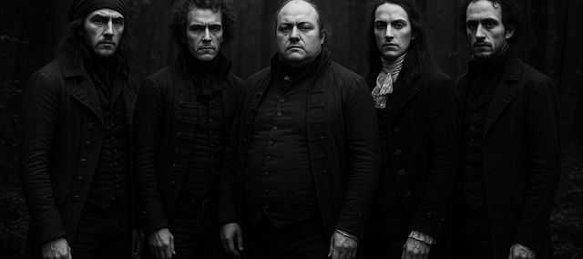 Black and white photo of five stern-looking men in old-fashioned dark clothing standing in a forest, evoking a somber historical atmosphere.